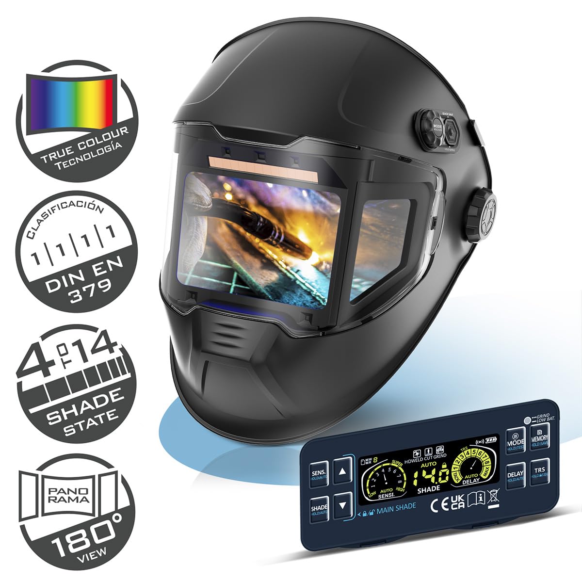 STAHLWERK Casco de Soldadura automático 3 en 1 Split – True Colour, oscurecimiento automático DIN 4-14, Clase óptica 1/1/1/1, Memoria de Trabajos, Campo de visión de 180° 116 x 81 mm, máscara