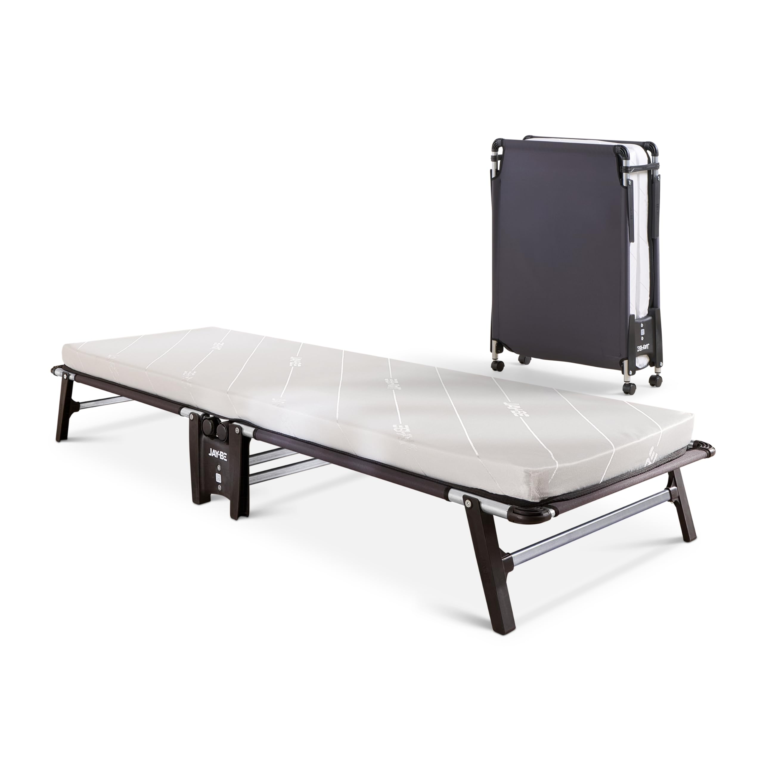 JAY-BE HE70 Hideaway Folding Bed with Mattress, Comfortable Guest Bed, 360° Castors, Hypoallergenic, Breathable e-Fibre Core Mattress, Single, Black