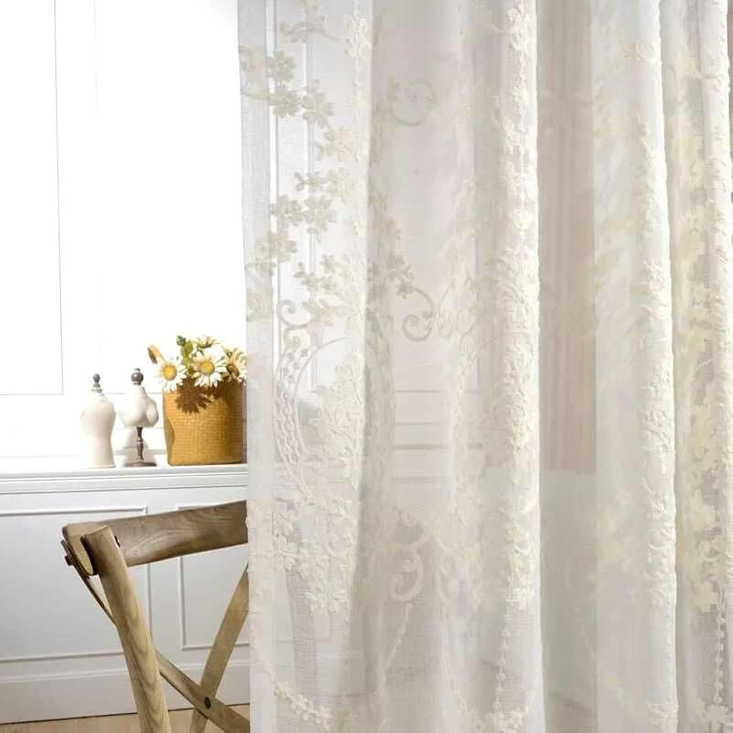 Voile Curtain Bedroom 2 Panels 2 x 52 W x 84" H,Sheer Curtains Living Room White Flower Embroidery Drapes Hook for Living Room