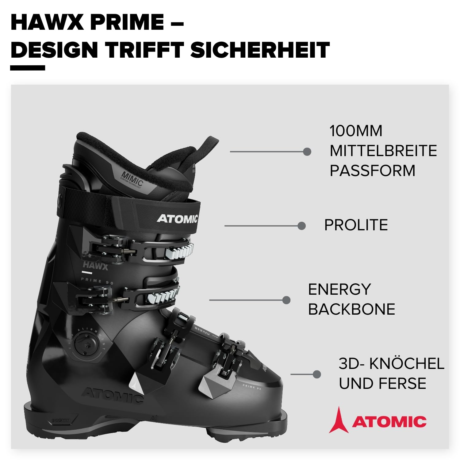 ATOMIC HAWX Prime 90 Skischuhe in Schwarz/Anthrazit - Größe 42/43 - Mittelbreite Ski-Boots mit 100 mm Passform & 90er-Flex - Ski-Schuhe mit anpassbarer Mimic Technologie für präzisen Fit