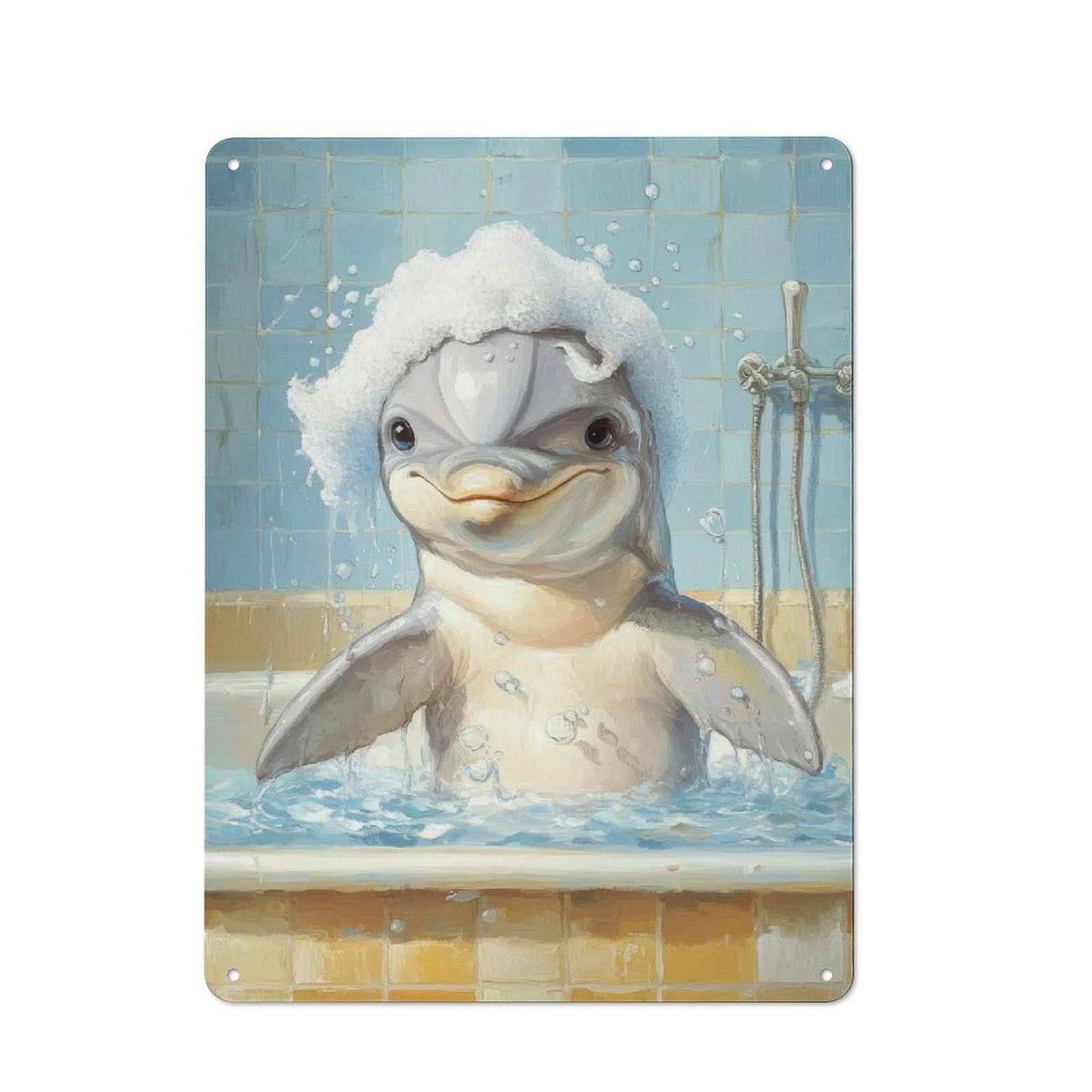Junmoney Style-6 Rustic Metal Sign 40X30cm Featuring Dolphin In A Bathtub For Hallway Wall, A Decorative Gift For A Newly Furnished Hallway