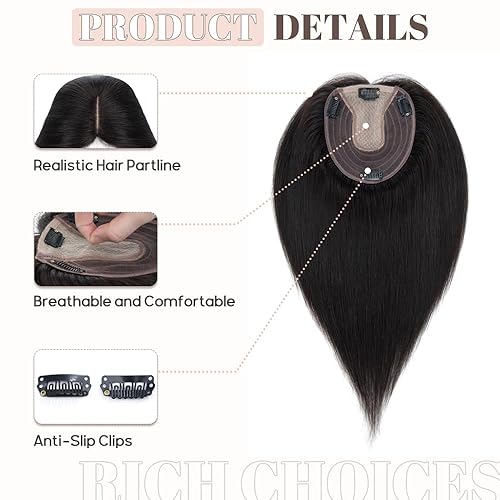 Miniatura 3 de Rich Choices Toppers de cabello humano real para mujer, sin flequillo, base de seda, clip, extensiones Remy para mujeres con cabello delgado, 14