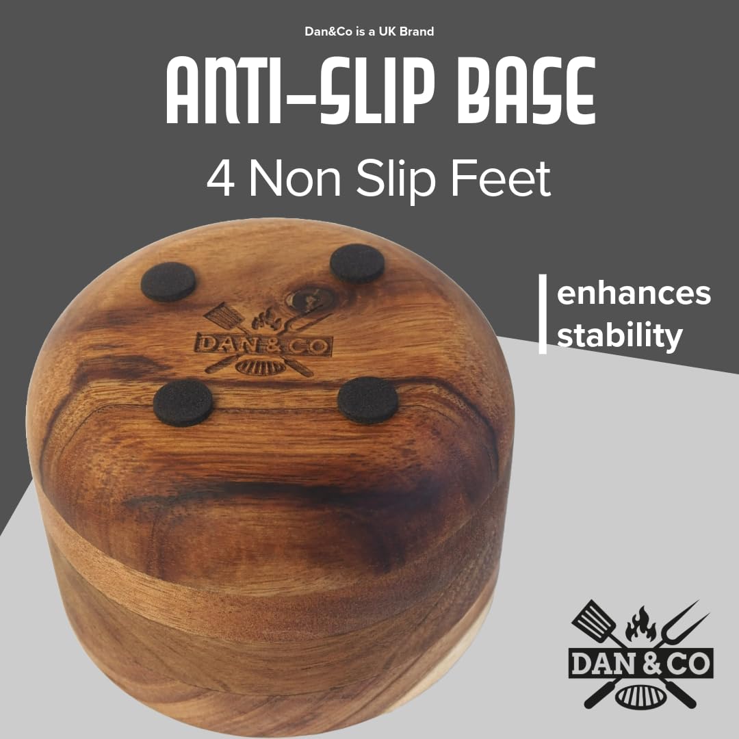 Dan&Co Salero de madera de acacia con cuchara integrada y tapa de mármol de 10 onzas, cerdo de sal para cocina, olla sellada para condimentos, recipiente para pimienta, especias, hierbas, patas de