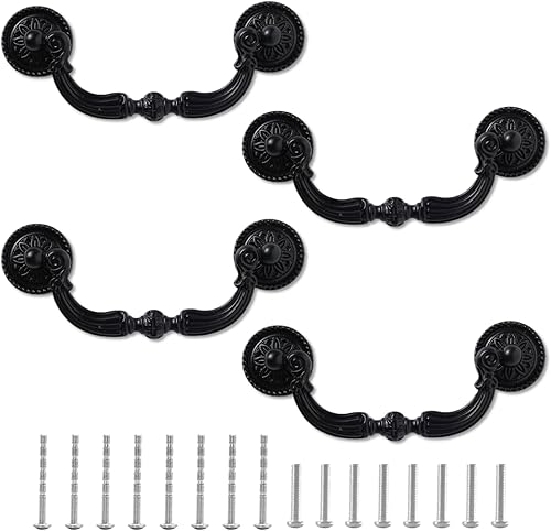 Paquete de 4 manijas negras para cajones, estilo vintage elegante de 3.5 x 1.57 pulgadas (3.543 x 1.575 in), manijas antiguas para mejorar armarios