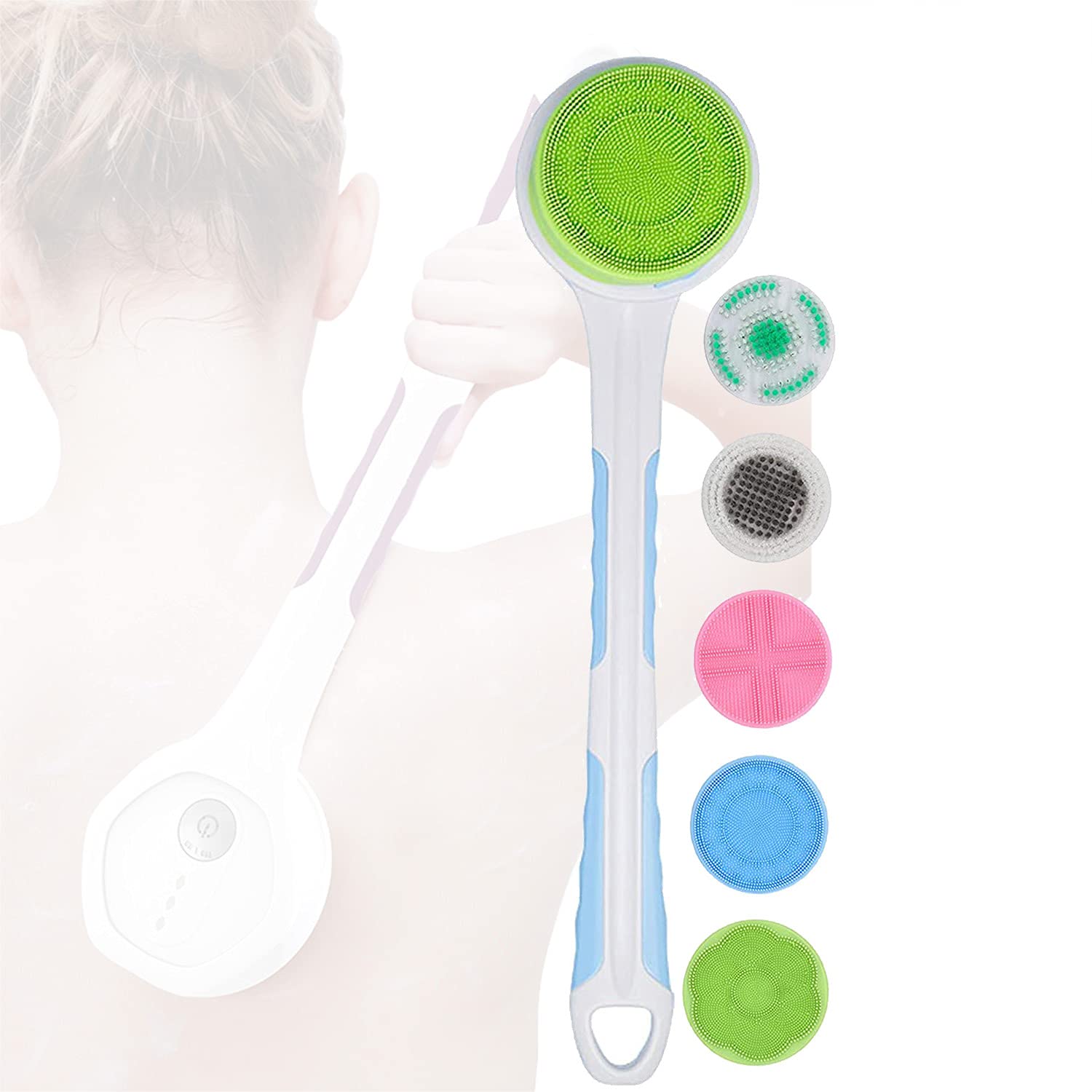 M-TOP 2021 Eléctrico SPA Masaje Cepillo de Ducha Cepillo de Limpieza Corporal Mango Largo, Mango Largo Extraíble Cepillo de Baño Masajeador Corporal