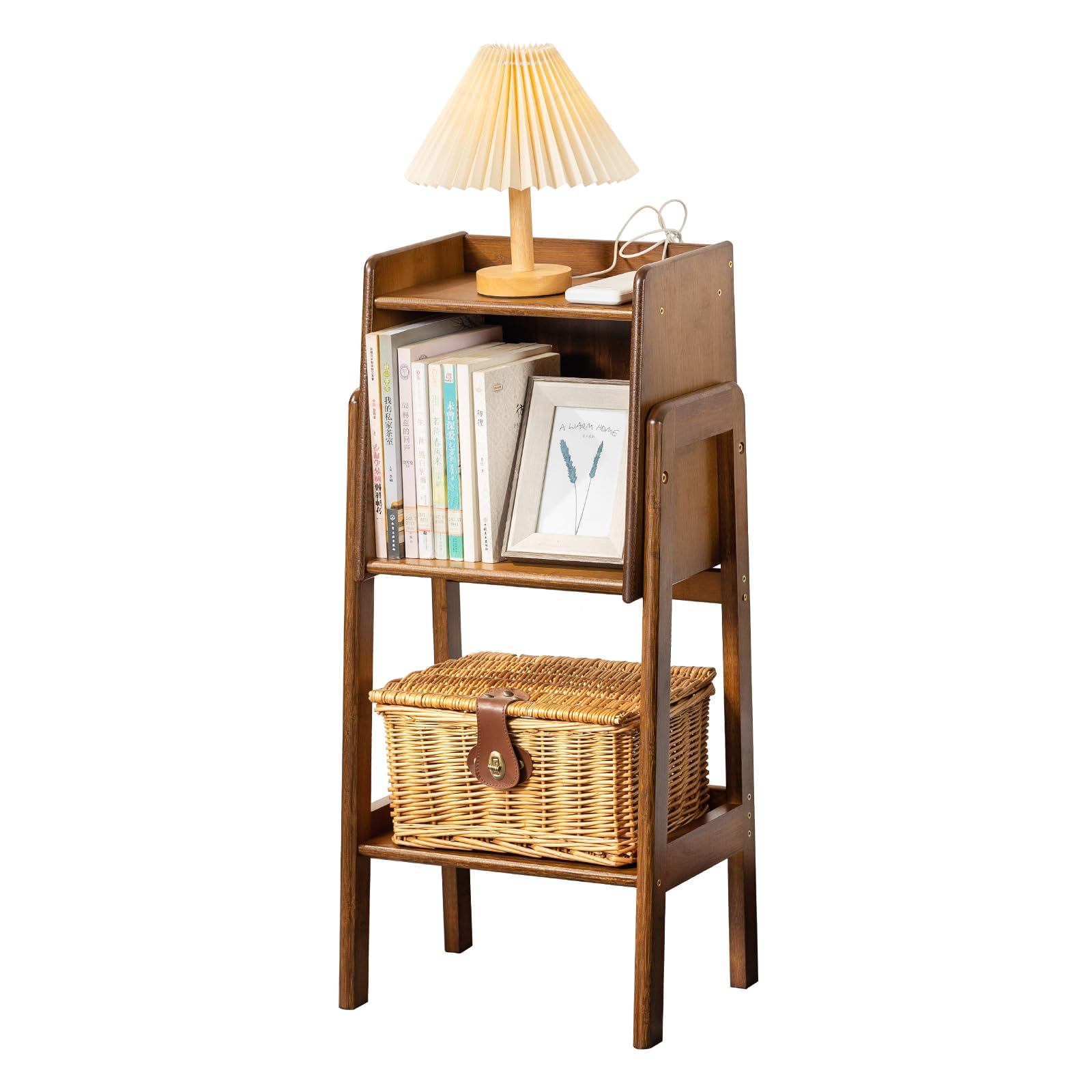 Welnow Bamboo Bookcase with Cabinet, Natural End Table with 1-Tier Storage Shelf, Modern Bedside Organizer Side Table for Bedroom or Living Room,