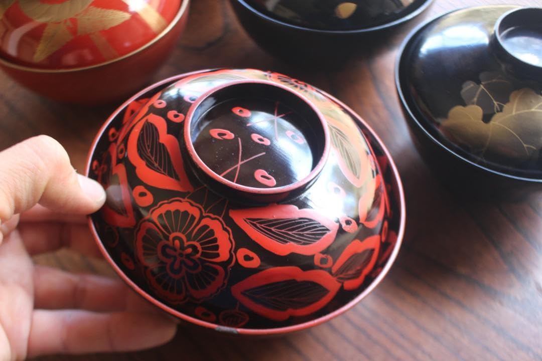 小傷有！時代黒漆に極上草花蒔絵の映えるお椀3点（検輪島塗蒔絵椀雑煮椀煮物椀 小傷有！時代黒漆に極上草花蒔絵の映えるお椀3点（検