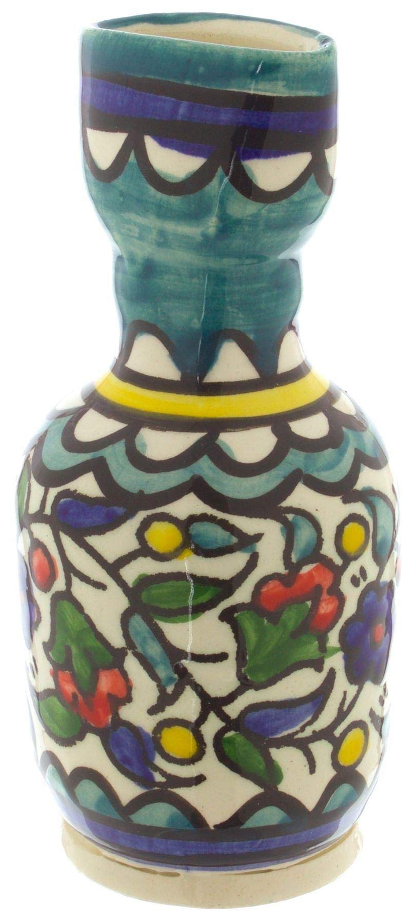 Armenian Ceramic Havdalah Candle Holder, 12cm, Colourful Flowers Design, Green