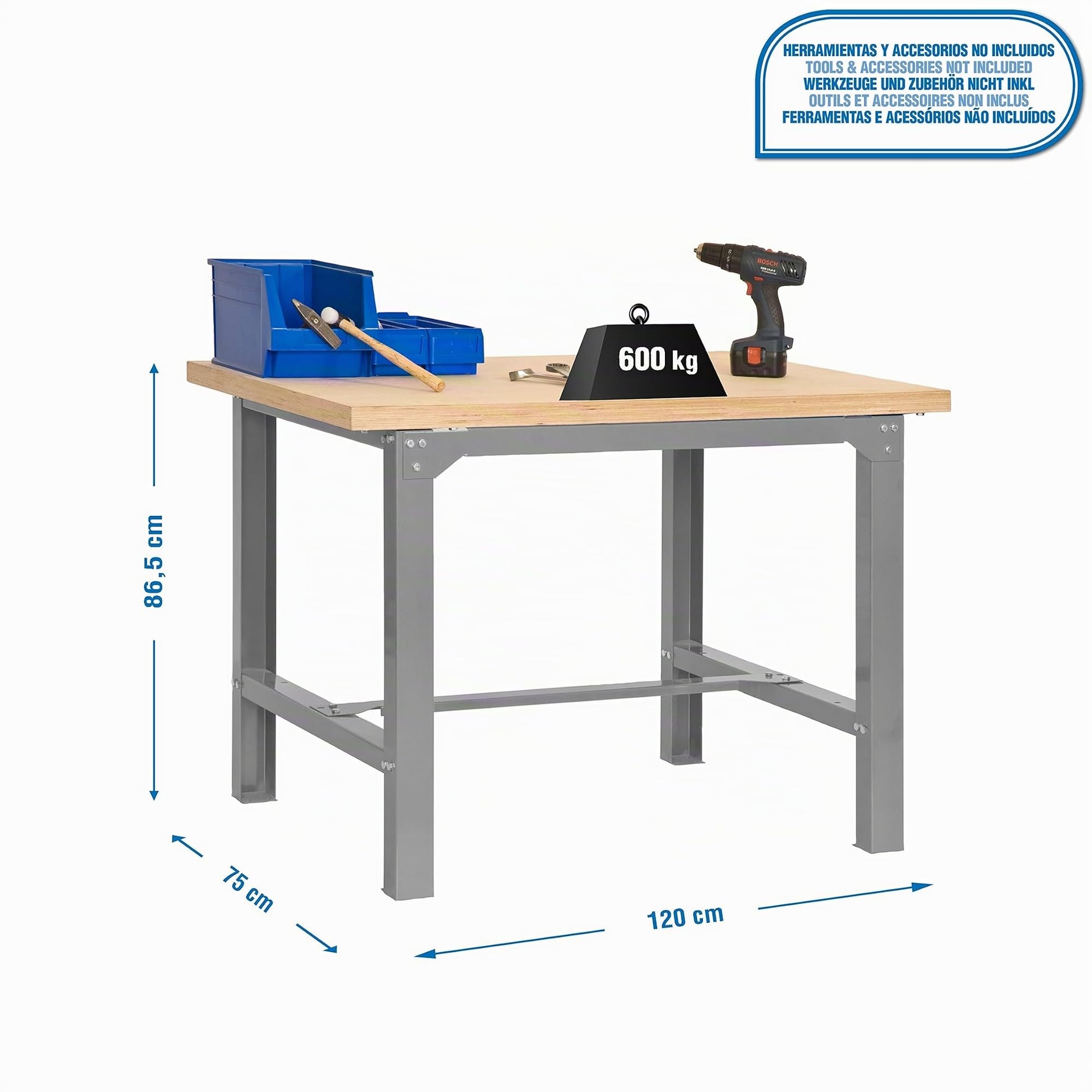 Simon Rack Mesa de Trabajo Taller 1200x750 mm - BT6 | Tablero MDF 35 mm, Pintura anticorrosión, Capacidad Carga 600 kg, Gris