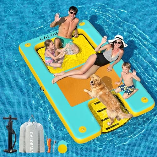 CALOBANA Inflatable Floating Dock with Boat Ramp,Lake Floats with Mesh,Tanning Pool Lounger Water Hammock for Family Party Pool Sea River Dock Boat,Mint Green+Yellow+Brown