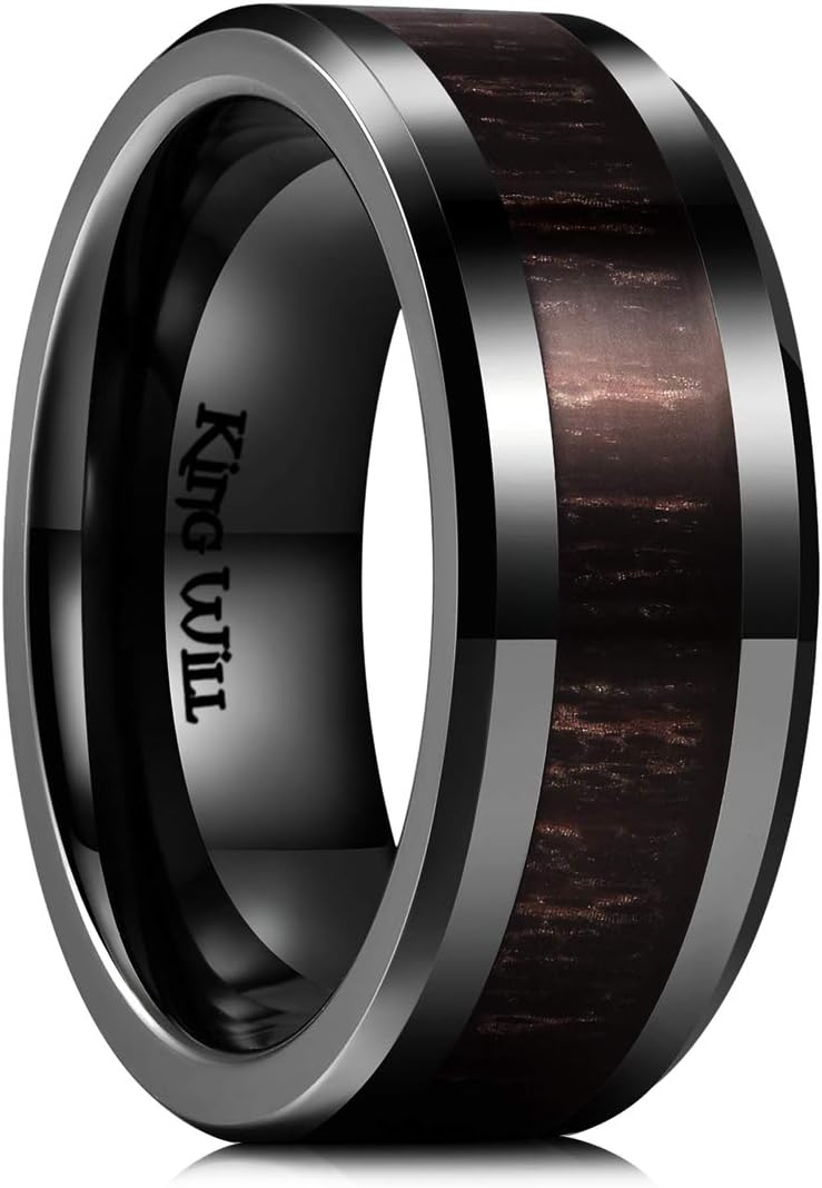 Nature Men's Wooden Wedding Band, Black Mens Ceramic Wedding Ring with Polished Finish Brown Wood Inlay Comfort Fit