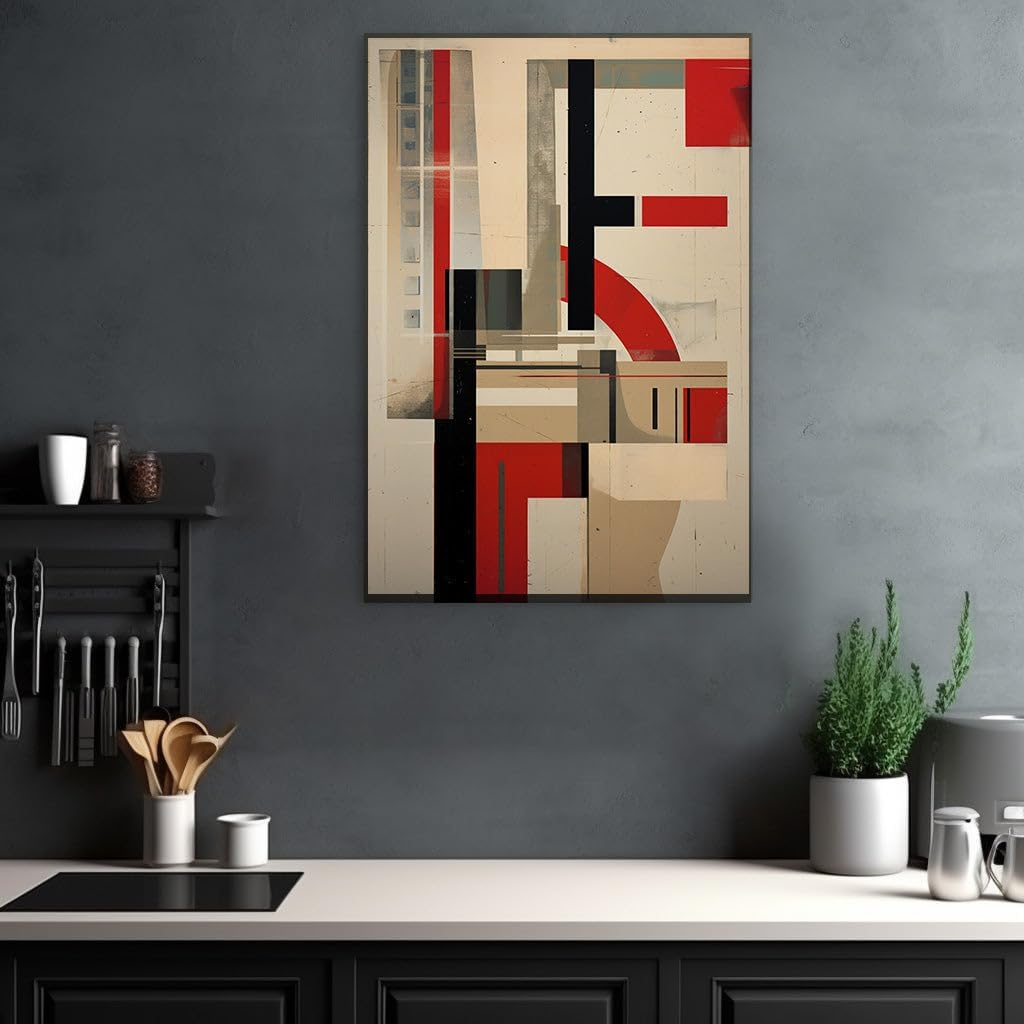 Canvas for Living room. Geometric Whispers in Red and Black - Unveiling the Essence of Abstract Motion, 27 x 18 inch Canvas Wall Art - Ready to Hang - 69x46 cm (27x18 inch)