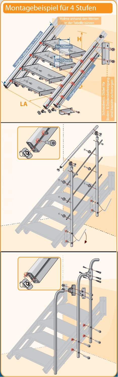 German Outdoor Straight Staircase + Landing, Aluminum Stringer Landing Ground Support Balustrade, 1-Side Alu Railing Handrail 5-Step Kit to 40.16" High Please Get a Shipping Quote from us Before Order