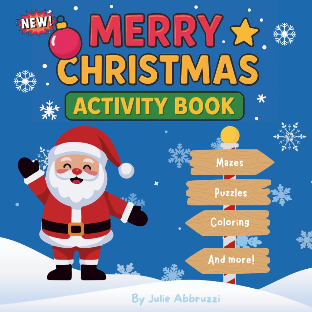 New Merry Christmas Activity Book: Holiday themed puzzles, mazes, wordplay, hidden objects, spot-the-difference, and more.
