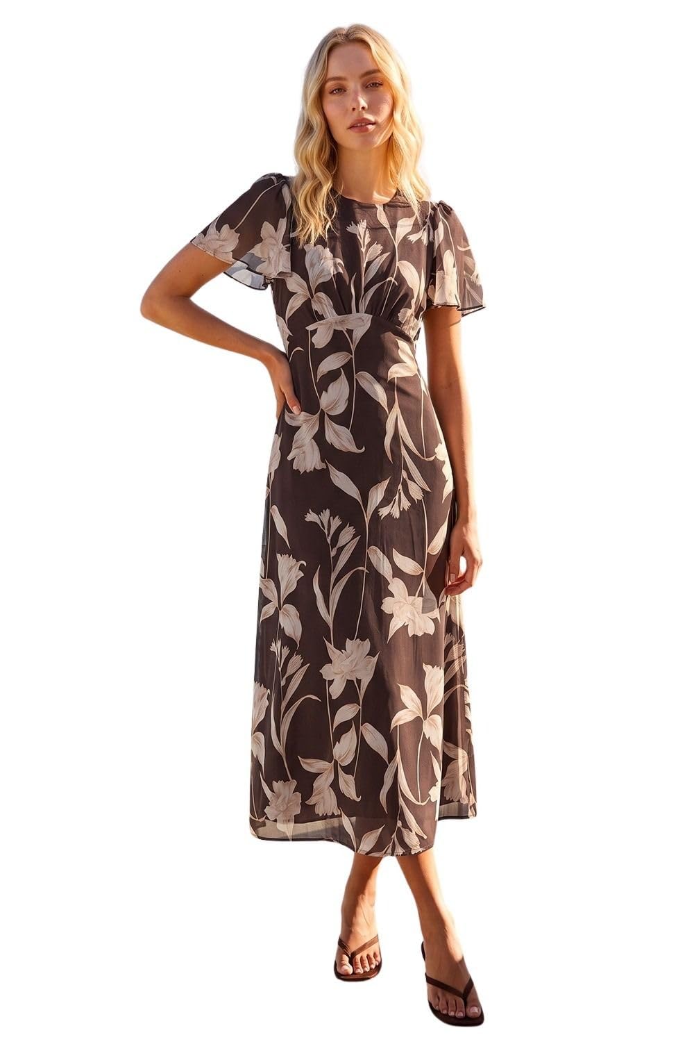 Roman Women's Floral Print Flutter Sleeve Midi Dress in Chocolate | Size: 12