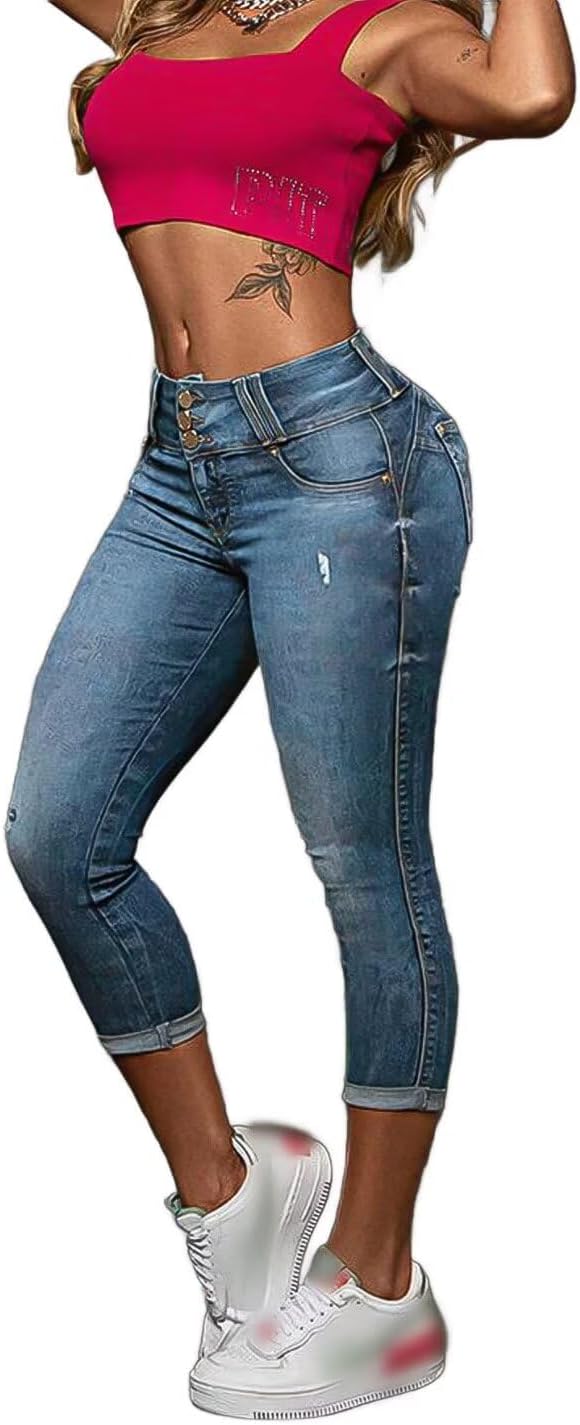 Flamingals Capri Jeans for Women Butt Lifting Stretch Mid Rise Skinny Capris Denim Jeans - Image 4