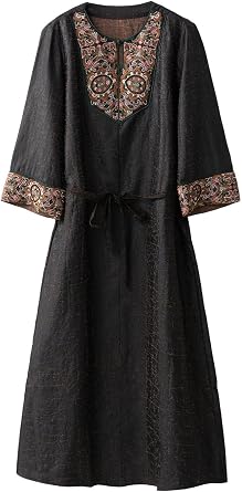 HangErFeng Silk Cracked Pattern Xiangyunsha Embroidered Dress Vintage Chinese Inspired Midi Loose Fit 3098