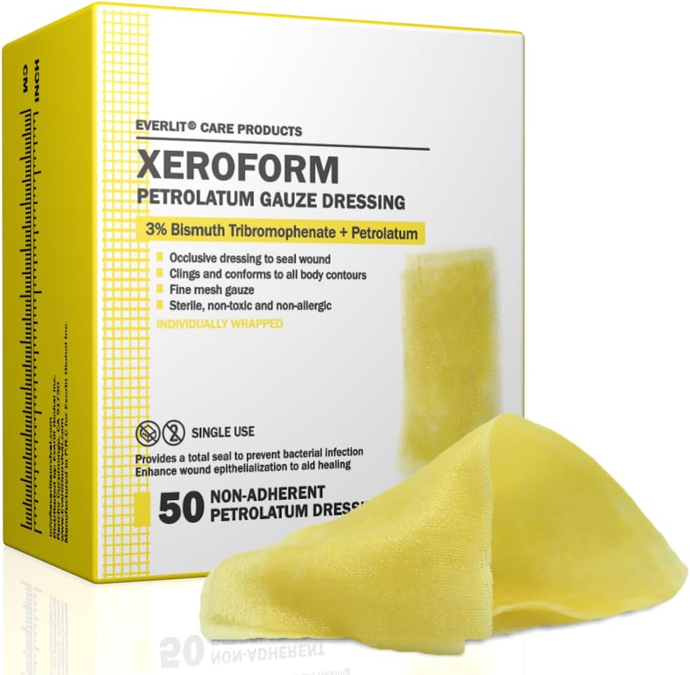 Xeroform Petrolatum Dressing | Sterile, Non-Adherent Occlusive Fine Mesh Gauze Pad | Non-Toxic, Gentle Patch for Burns, Laceration, Surgical Incisions & Skin Grafts (1" x 8" | Pack of 50)