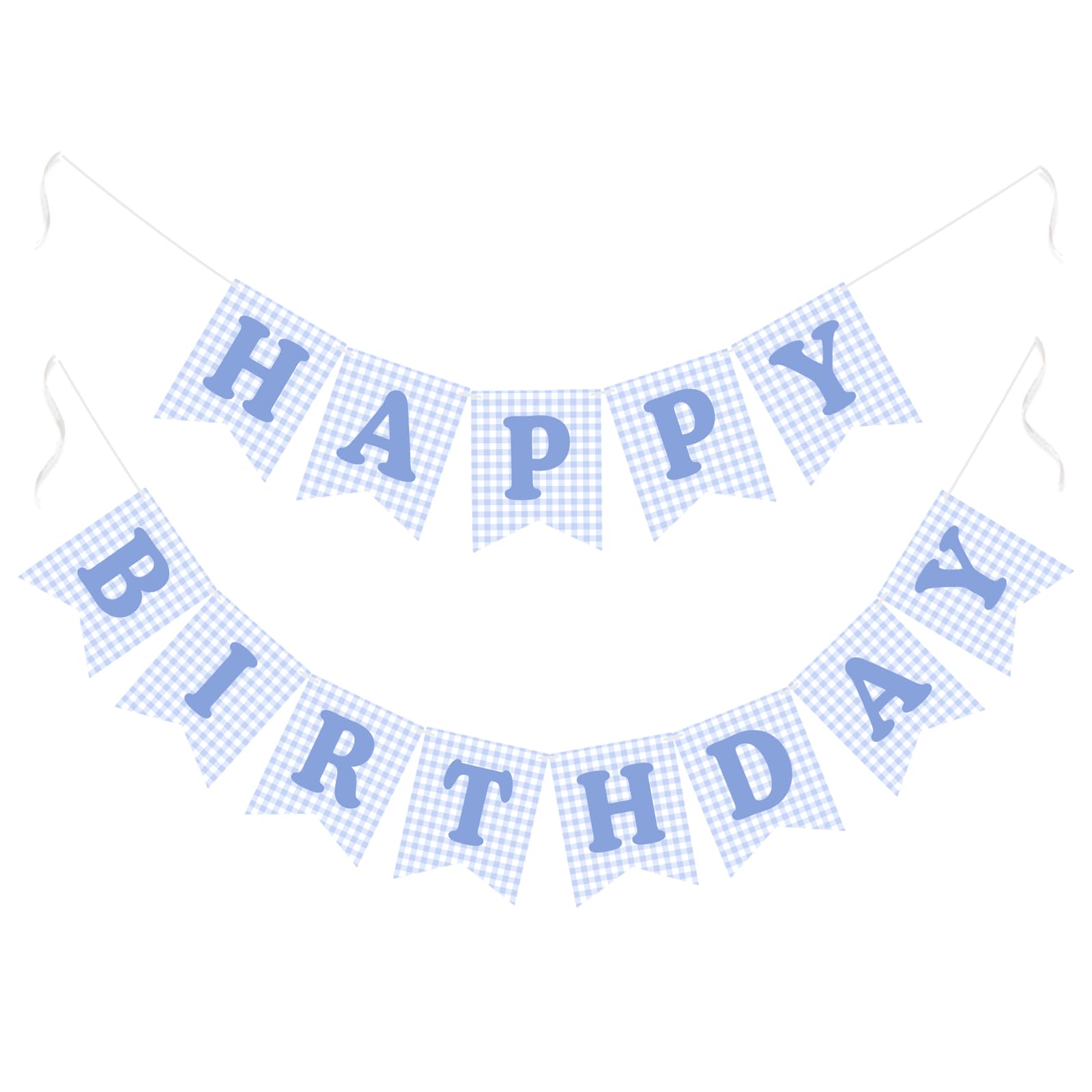 G2PLUS Pre-Strung Blue Gingham Happy Birthday Banner, 16x20cm