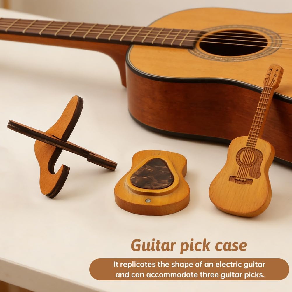 Wooden Guitar Pick Box with Stand, Portable Acoustic Guitar Pick Case with 3 Mixed-Color Picks and 3 Wooden Picks, Mini Storage Case for Electric and Ukulele image 5