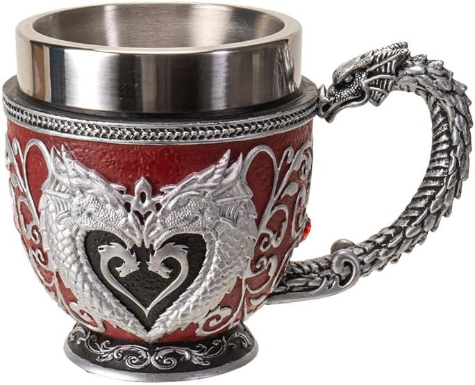 Pacific Giftware Heart-shaped Dragon Tea Cup 8 Floz Resin and Stainless Steel Mug with Silver Dragon Handle Red Accents Ideal for Coffee Tea And Unique Fantasy Themed Decor