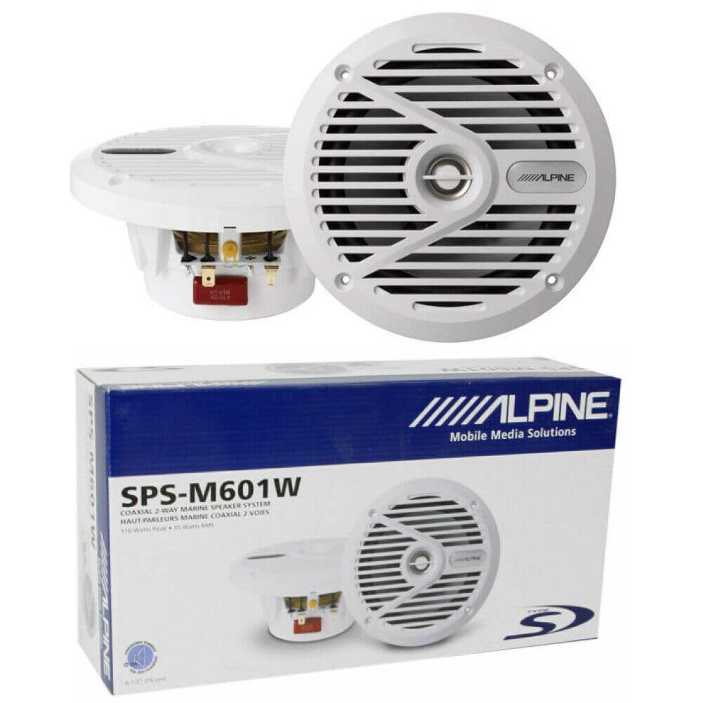 Kit Set para Alpine SPS-M601W 2 Altavoces Marinos coaxiales de 2 vías Blancos 16,5 cm 165 mm 6,5" Impermeables a Prueba de Agua 35 vatios rms 110 vatios máx 4 ohmios, Piscina Barco mar, por par