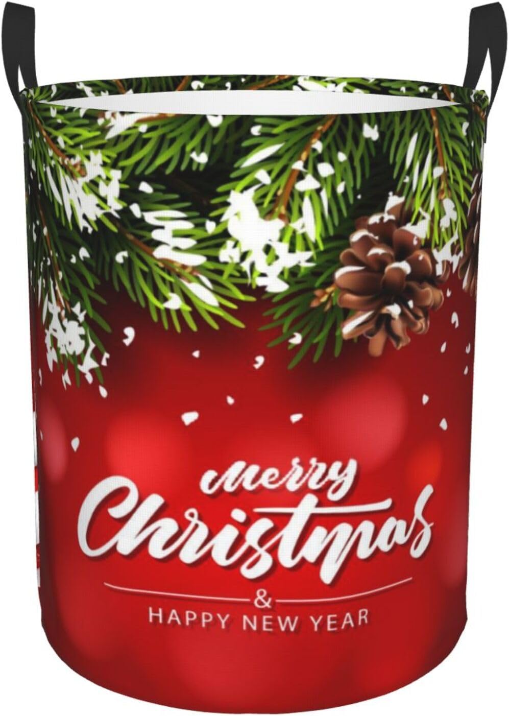 Christmas Red Balls Fir Branches Laundry Hamper with Durable Handle Waterproof Collapsible Laundry Basket Circular Dirty Clothes Organizer Storage Basket for Kids Bathroom Bedroom Dorm