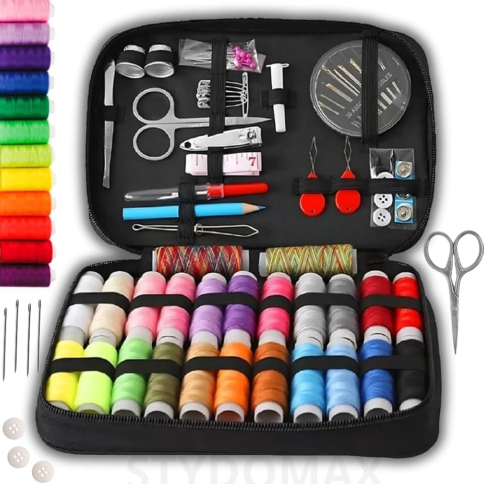 Kit de Costura Completo com 96 Peças – Linhas, Agulhas e Acessórios para Reparos com Estojo Preto
