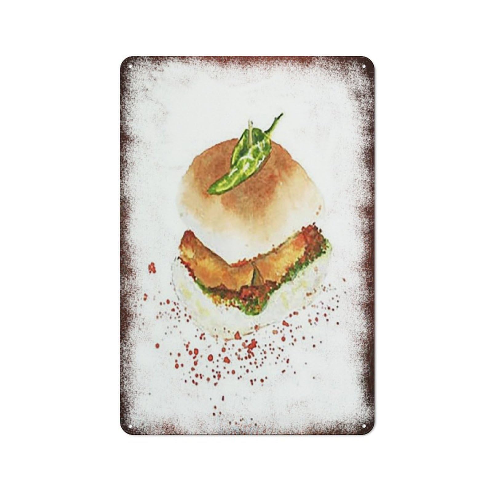 Metal Tin Sign Spiced Burger Watercolor Pattern Vintage Rustic Wall Art Kitchen Bathroom Bedroom Living Room Cafe Farmhouse Entryway Office Garage Home Bar Laundry Room Porch Patio 12x16 Inch