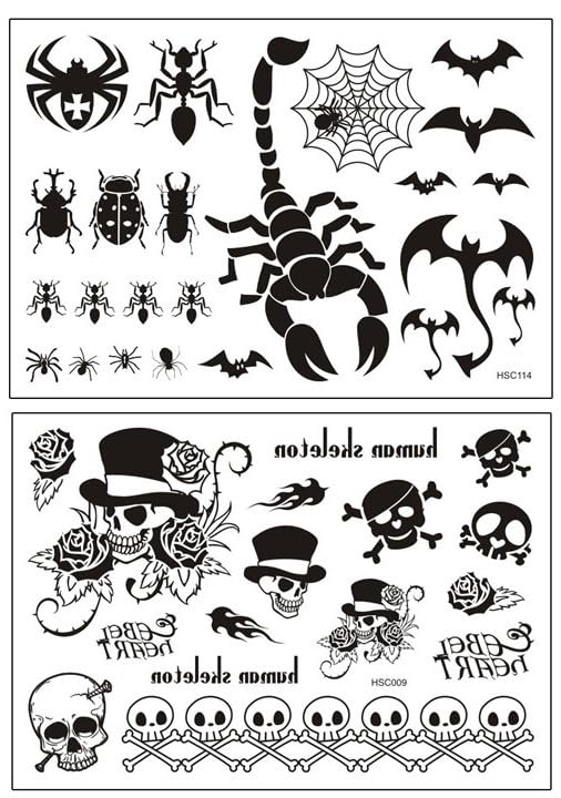HSC009 114 Lot de 2 feuilles de tatouages temporaires Tête de mort Scorpion Araignée Chauve-souris Tête de mort Tatouage Crâne Tatouages temporaires