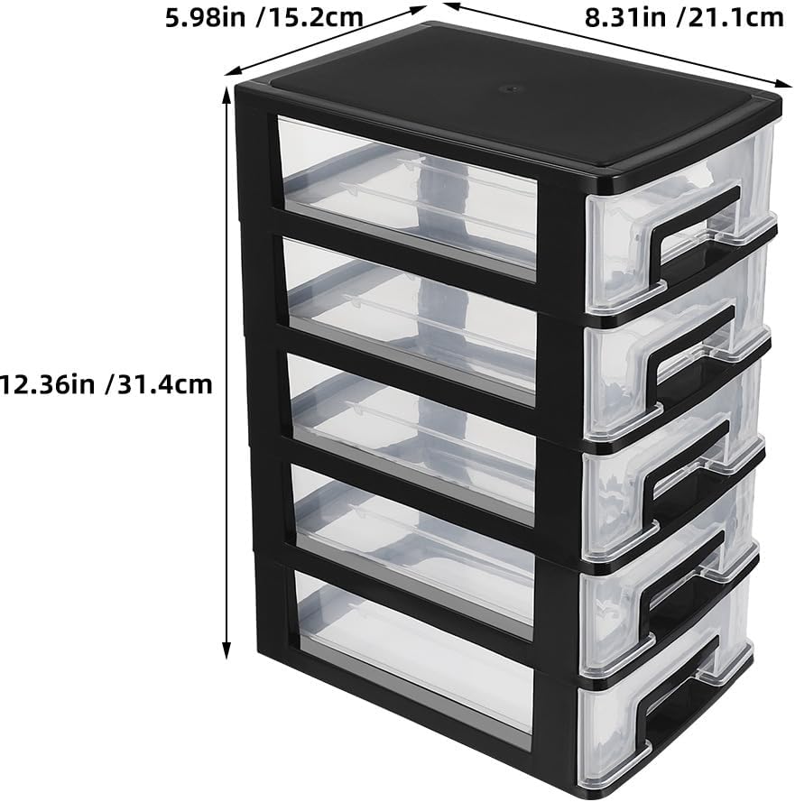 Baluue 5 Tier Plastic Storage Drawers, Desktop Organizer with Clear Drawers, Compact Desk Storage Cabinet for Office Supplies, Arts Crafts, Makeup and Dorm Room Organization, Black - Image 3
