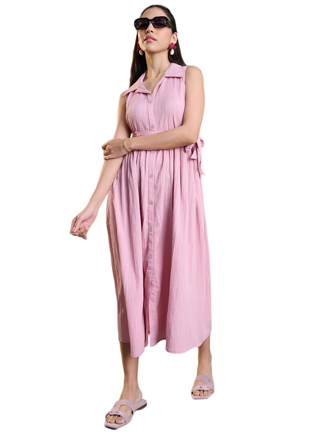 Stylum Women's Self Design Crepe Pleated Dress (Drspinkmoss44_Pink, 2Xl)