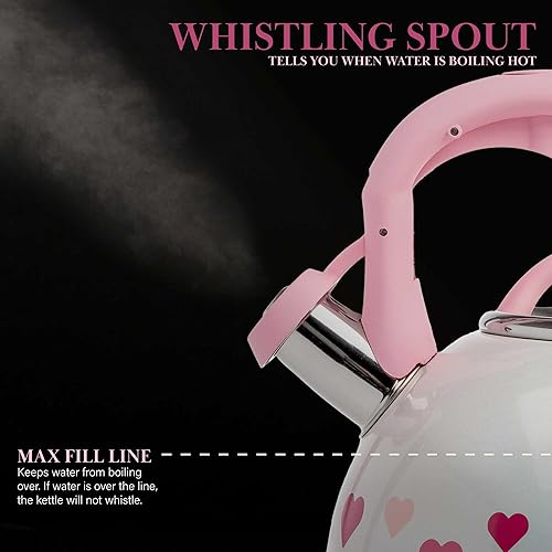 Miniatura 6 de Paris Hilton Hervidor de té Whistling para estufa, acero inoxidable con diseño de corazón iridiscente, mango suave al tacto, 2.5 cuartos de galón,