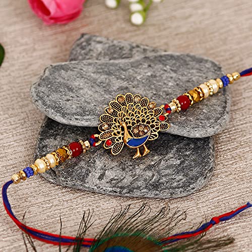 Image of eCraftIndia Multicolor Dancing Peacock Designer Rakhis, Best Bro Ever Fridge Magnet with Roli Chawal Pack - Rakhi for Brother, Bhaiya, Bhai