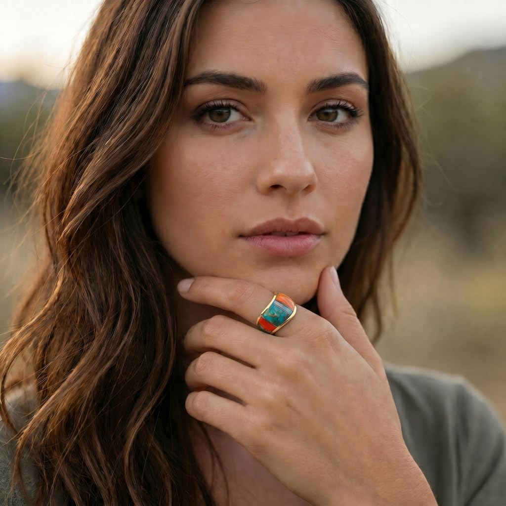 Turquoise Ring Gold Tone Genuine Gemstone for Women