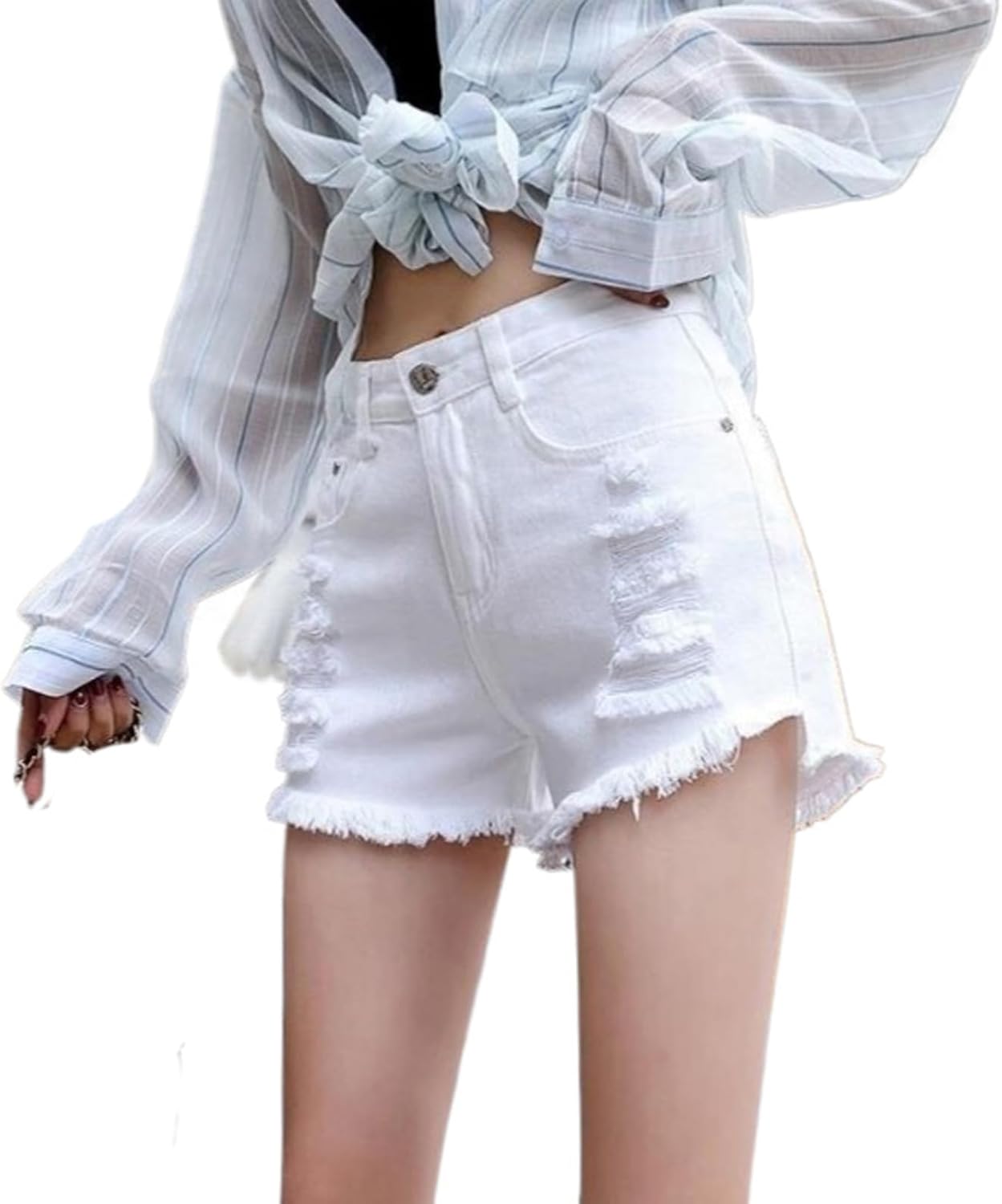 JYHBHMZG Summer High Haist Jeans Shorts Woman Rough-Edges Denim Short Pants Schoolgirl Casual Pants Black White Jeans White L