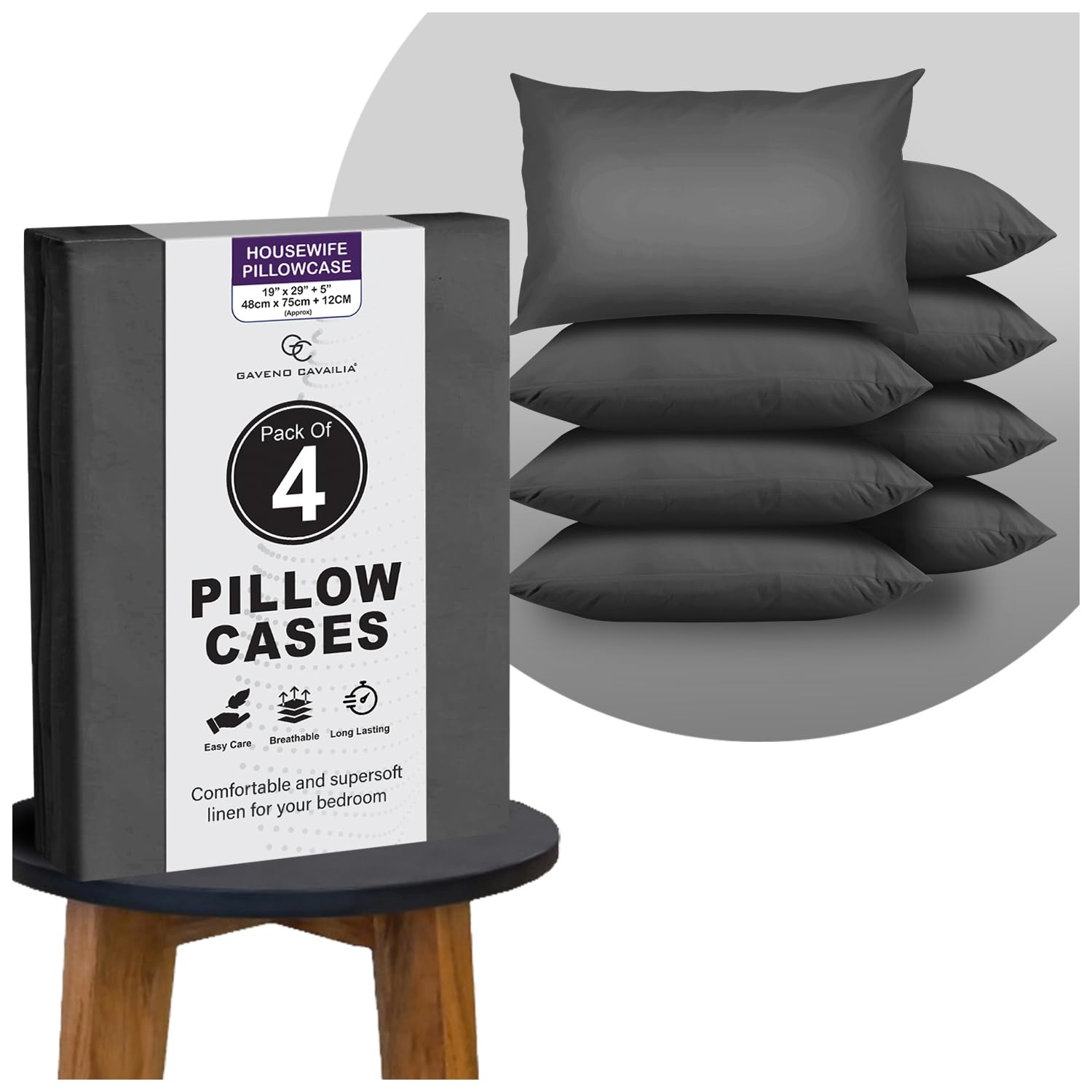 GC GAVENO CAVAILIA Plain Charcoal Pillow Cases 4 Pack | Breathable, Wrinkle, Soft Touch Polycotton Bedding Pillowcases | Hotel Quality Hypoallergenic Pillow Covers Envelope Closure 74x48 Cm