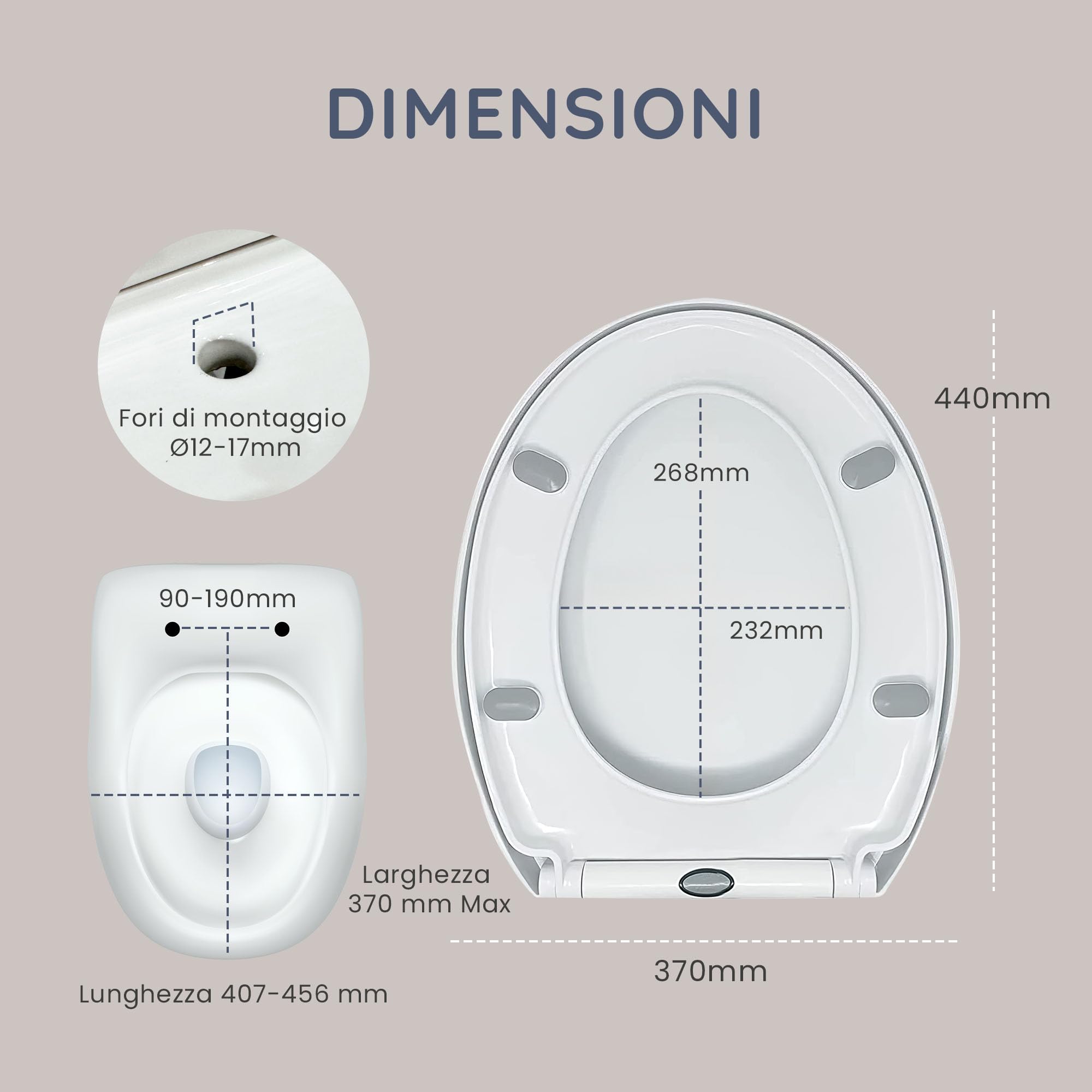 CUQOO Sedile WC ovale con chiusura rallentata, a sgancio rapido, a forma di O, chiusura rallentata, con cerniere regolabili (comfort classico)