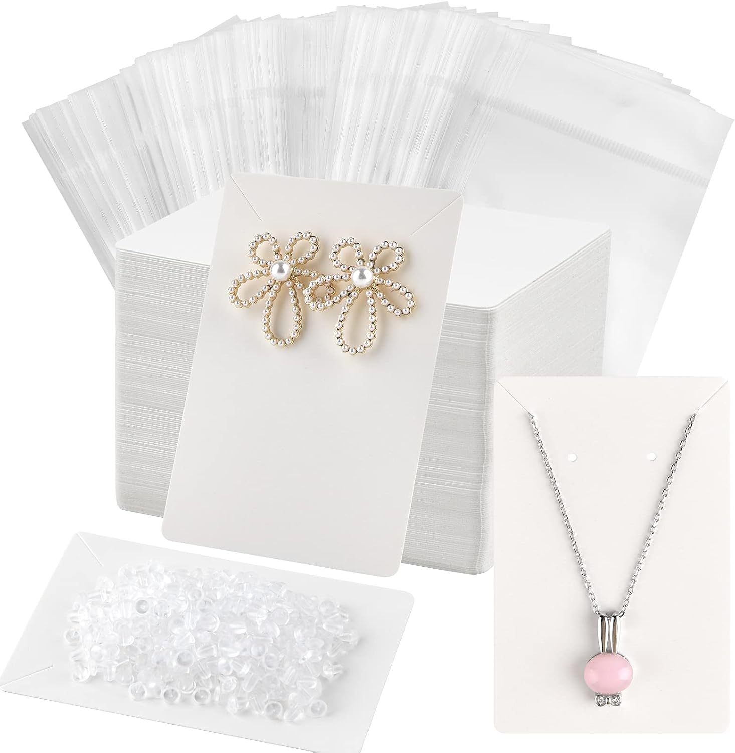 Coopay 120 Pieces Earring Necklace Display Cards Jewelry Holder Cards with 200 Earring Backs and 120 Self-Sealing Bags for Ear Pendants Necklaces Jewelry Display, White Color, 3.5 x 2.4 Inches