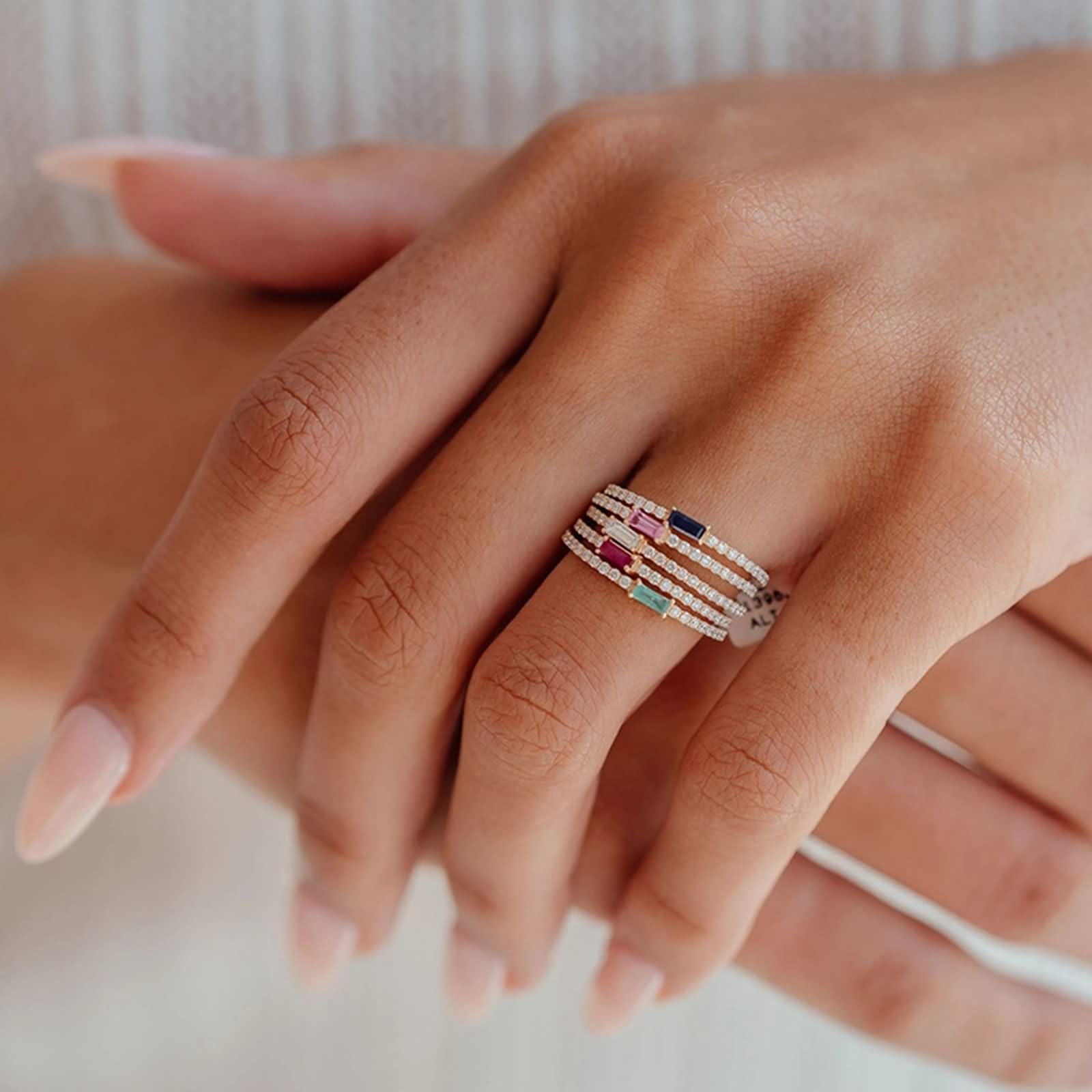Anillo de Alianza de Oro Amarillo 9K/14K/18K Mujer, Rectángulo con Zafiro Creado y Moissanita, Anillos de Oro Amarillo Compromiso Mujer