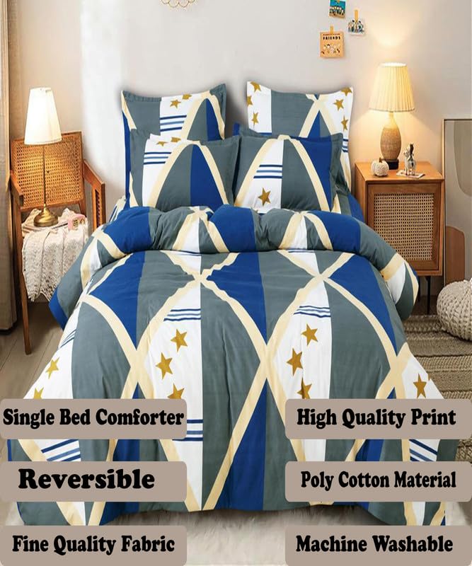 Image of Polycotton Polyester Polyfill 120 GSM Reversible Single Bed Comforter, Blanket, Queen (60x90 inch) Blue & Cream