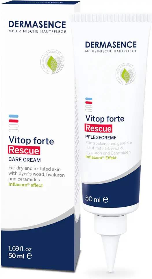 DERMASENCE Vitop forte Rescue Pflegecreme, 50 ml – Creme bei juckender & extrem trockener Haut, beruhigt sofort gereizte Stellen, vegan, ohne Parfum, für Neurodermitis, Hände, Gesicht & Körper
