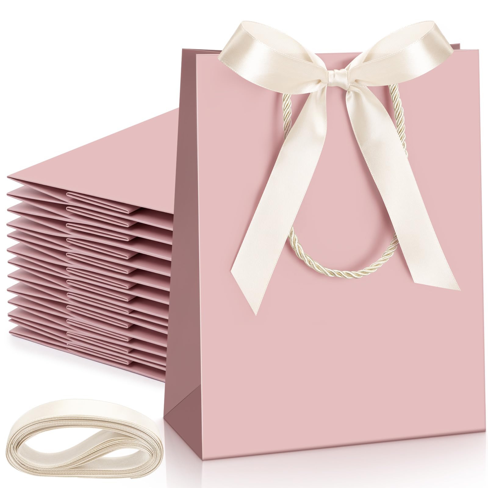 Silkfly 12 Pcs Wedding Paper Gift Bags with Handle 9x7x3.15'' Thank You Gifts Bags with Ribbon Bow Bridal Shower Gifts Handbags for Baby Shower Birthday Party Favor Supplies (Dusty Pink)