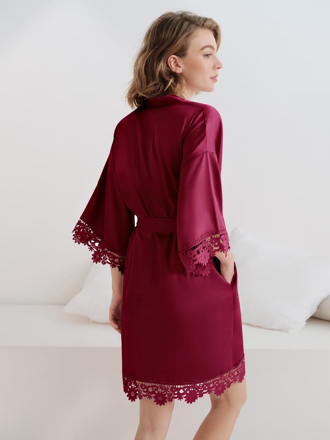 SIORO Women Silk Short Kimono Robes, Lightweight Satin Lace Robe, Soft Bath for Shower, Nightgown, Wedding Party, Bridesmaid - Image 4