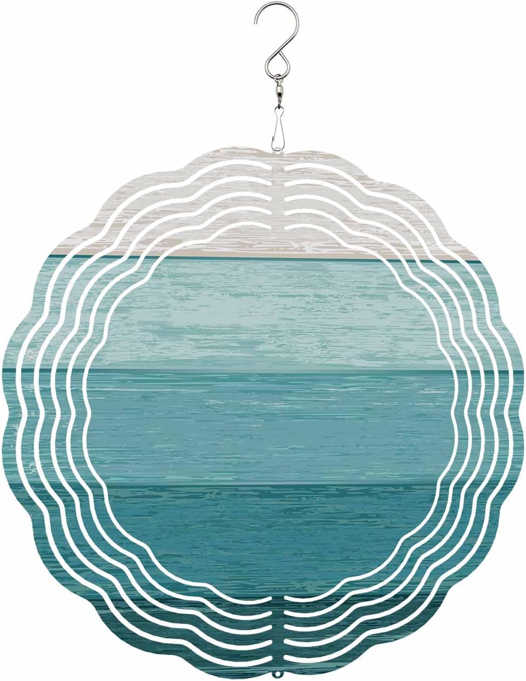 Rustic Wind Spinners, Gradient Teal Green Wood Grain Hanging Wind Spinners for Yard and Garden 3D Stainless Steel Metal Sculptures Crafts Ornaments 12 Inch