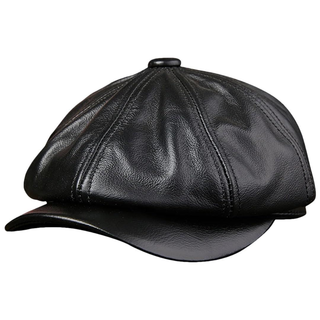 Sombreros de periódicos para hombre de piel de vaca auténtica, octogonal, ajustados, vintage, boina de pico de pato, Gorra negra, XL