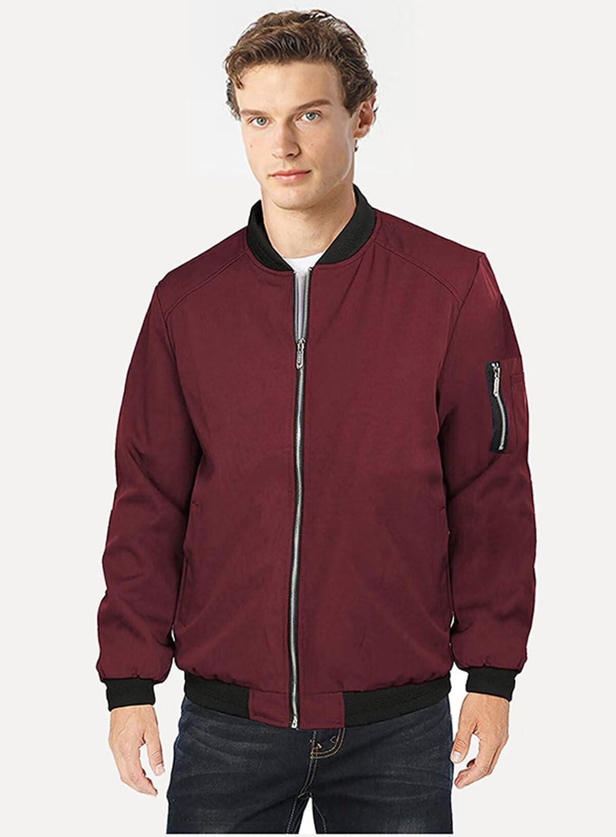 Uomo Primavera Autunno Classica Leggero Casual Jacket Cappotto Cotone Softshell Sottile Sportiva Baseball Bomber Collare Estivo Comodo Giubbotto All'Aperto Giacca Uomo Rosso scuro L