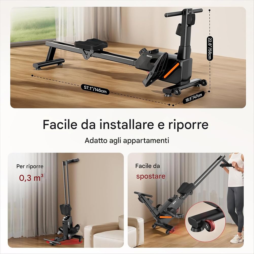 BAKAJI Vogatore Pieghevole con 8 Livelli di Resistenza e Sistema di Chiusura Salvaspazio e Spostamento con Rotelle Ergonomiche, Rematore Silenzioso da Palestra Fitness Home Gym per Cardio