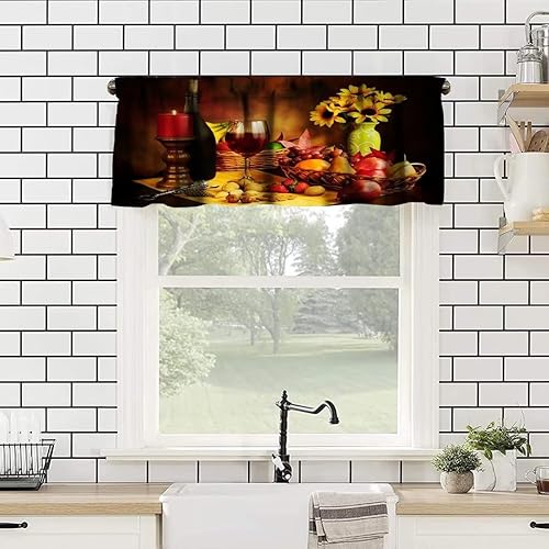 Cortina de cenefa de vino, flores de vino tinto, frutas y nueces con vela, romántica cenefa de cortina para cocina, comedor, comedor, decoración del