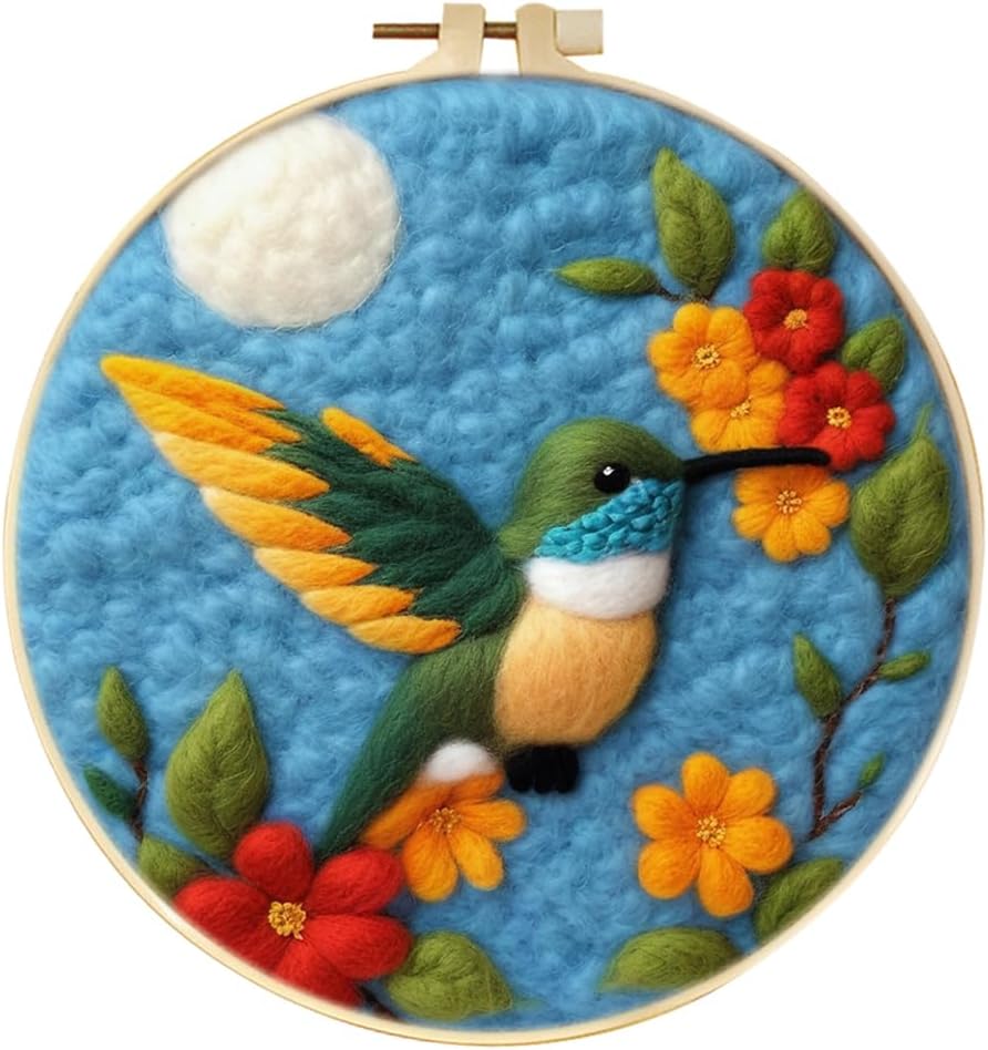 ABEUTY Needle Felting Kits Picture for Beginners Adults, Bird Flowers Moonlit Night DIY Wool Felt Painting Starter Kit with Embroidery Hoop and Tools for Home Decor (Bird)